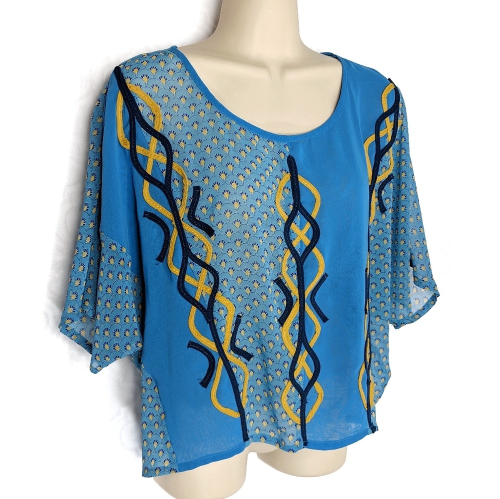 Janet Paris Applique Mixed Print Boxy Blouse Sz S